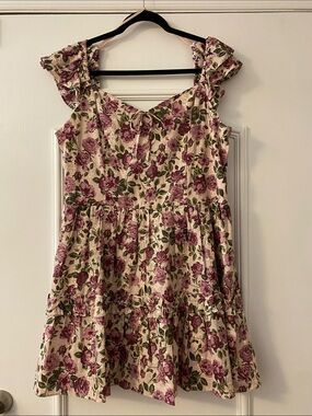 Francesca's Collections Cream Dress with Purple Rose Print on embroidered stripe